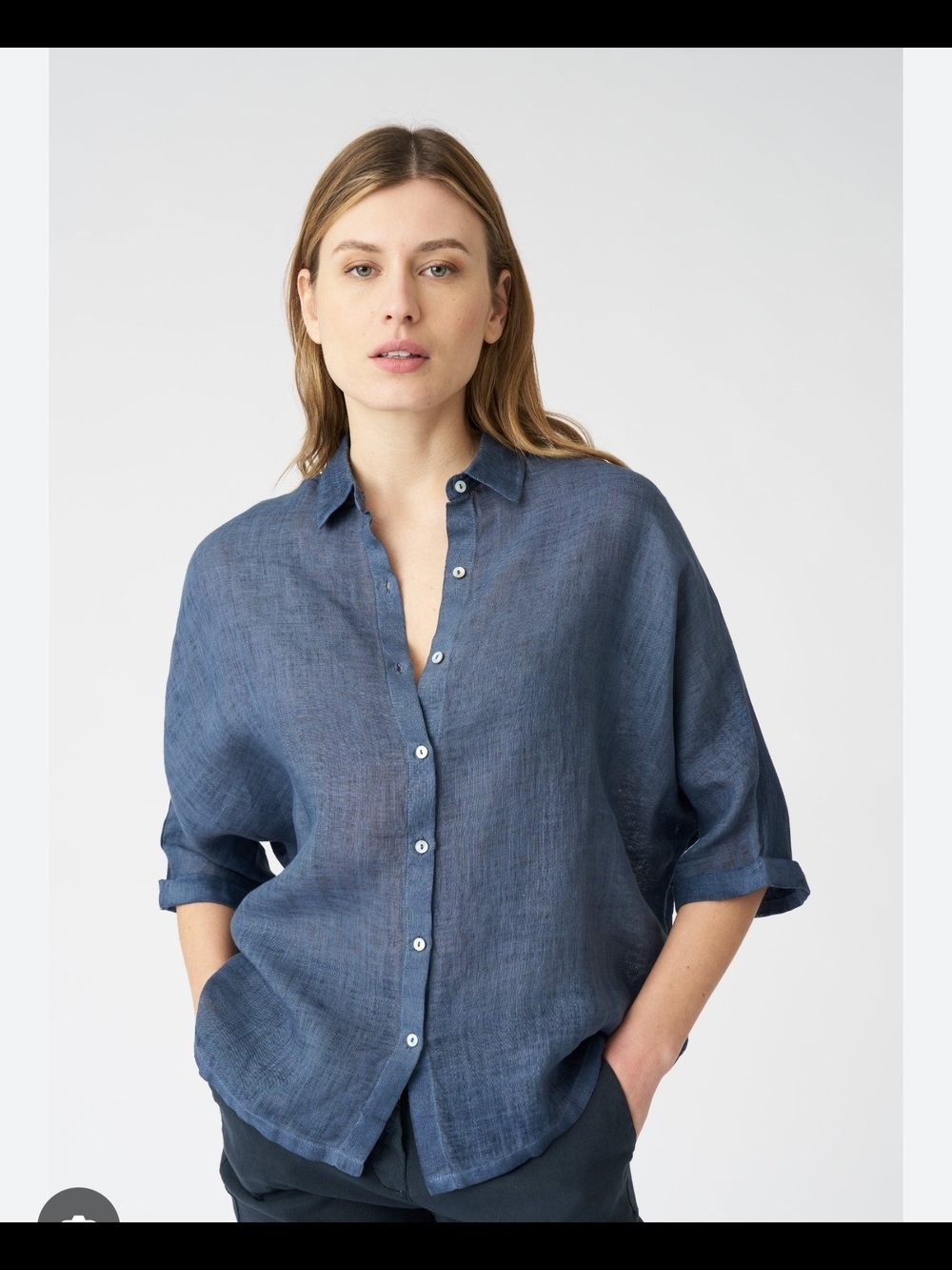 120% Lino Lightweight Blue Linen Button-Up Shirt Size M